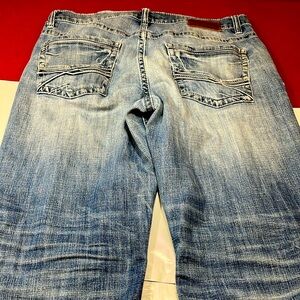Buckle BKE Mens TYLER bootcut JEANS BLUE Thick Stitch Western 36/32 Distressed